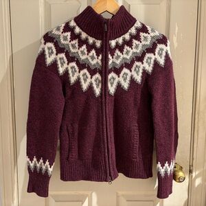 LLBean 100% Wool Mockneck Sweater Nordic Fair Isle Purple Plum Women's Sz XS